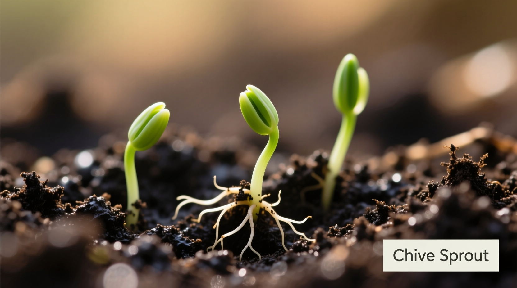 Close-up of chive seeds in soil with emerging green shoots