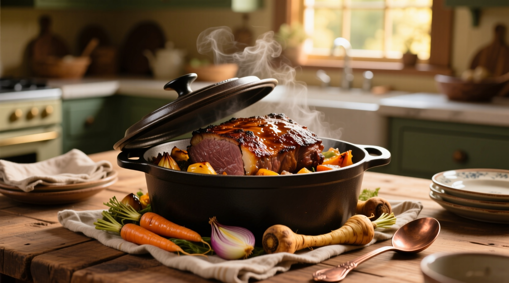 Perfectly cooked beef roast in crock pot with vegetables