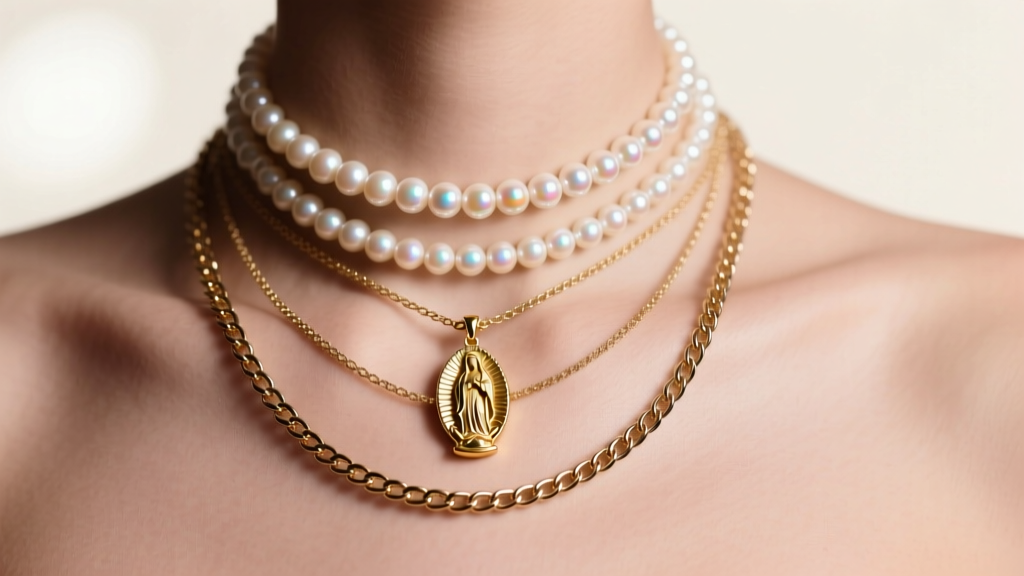 A layered necklace stack featuring a small 14k gold Virgin Mary pendant, a pearl choker, and a delicate figaro chain on a model.