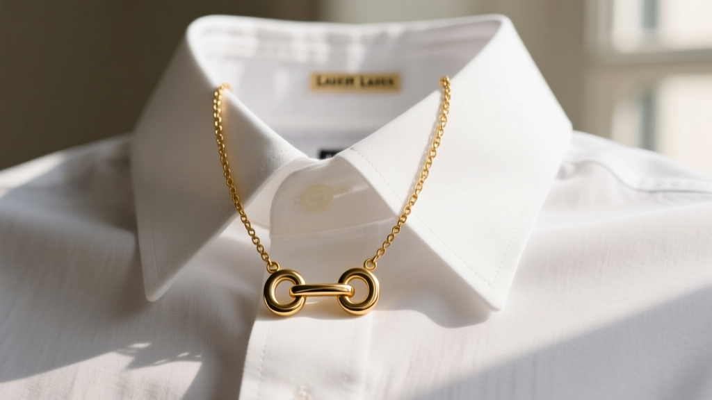 Gold-tone Lauren Ralph Lauren horsebit pendant necklace resting on the collar of a crisp white Oxford shirt in soft daylight