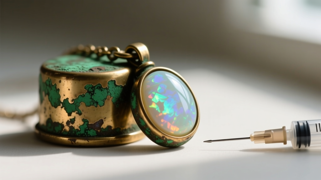 Macro shot of a tarnished brass cap on a vintage floating opal necklace, showing green patina and a small syringe needle.
