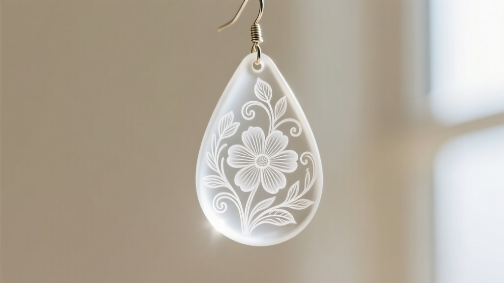Macro photography showing intricate frosted acid-etched floral carving on the surface of a translucent white glass drop earring.