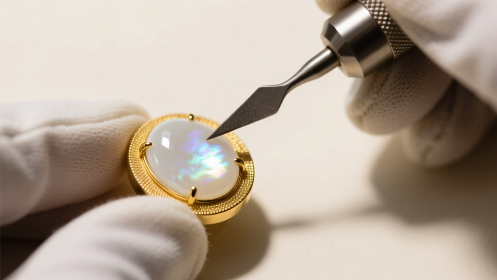 Close-up of a jeweler setting a smooth oval white otolith stone into a 14k yellow gold bezel cup using a metal burnishing tool