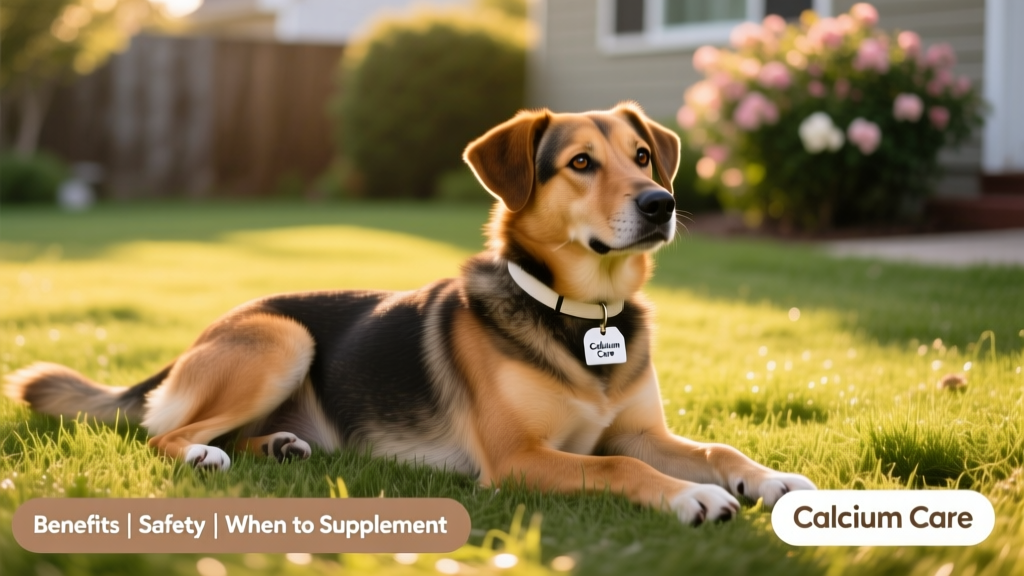 A healthy adult dog lying calmly on grass, illustrating overall wellness