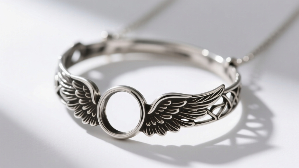 Close-up of a tarnished .925 sterling silver angel halo necklace, showing dark oxidation in the deep crevices of intricate filigree.