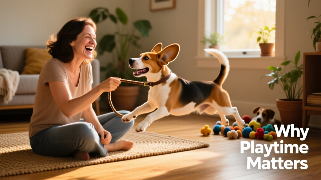 a smiling woman sitting on the floor playing with an excited beagle