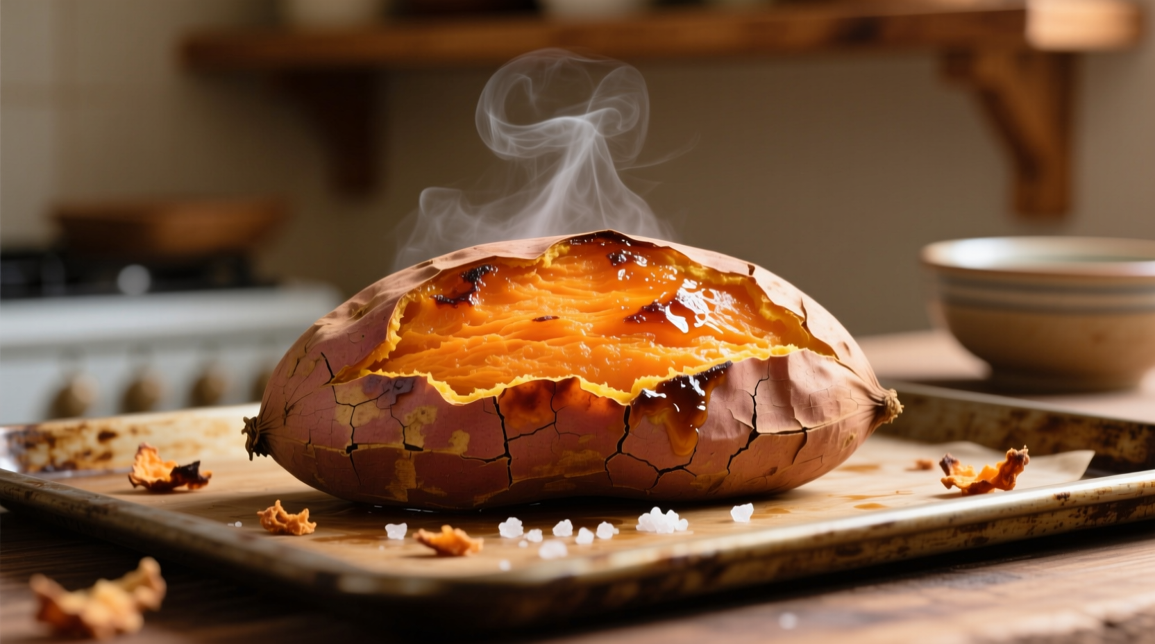 Perfectly baked sweet potatoes on baking sheet