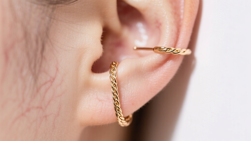 Macro shot of a 14k rose gold threader earring with a delicate cable chain sliding through a healed earlobe, studio lighting.