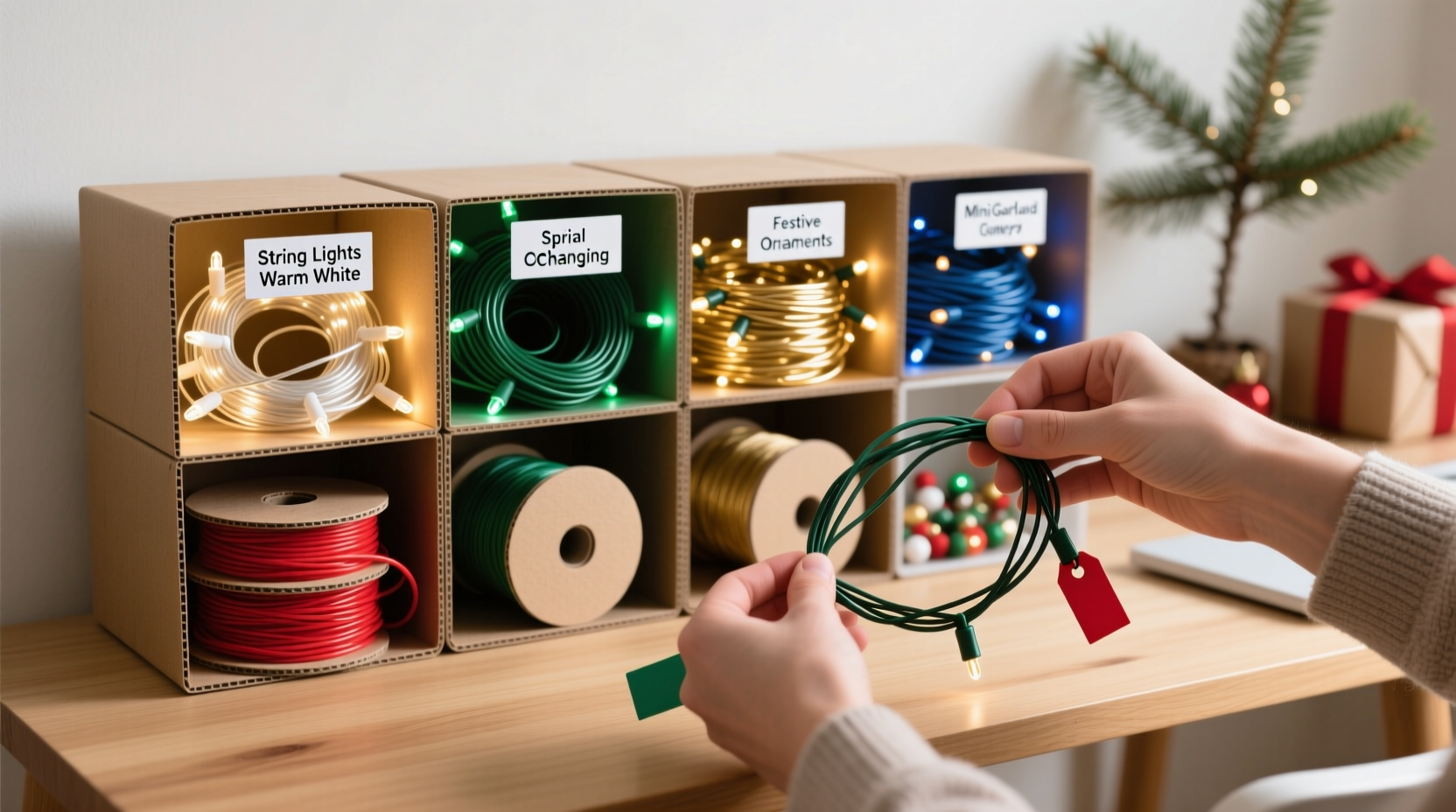 how to organize tangled christmas light boxes by color and function