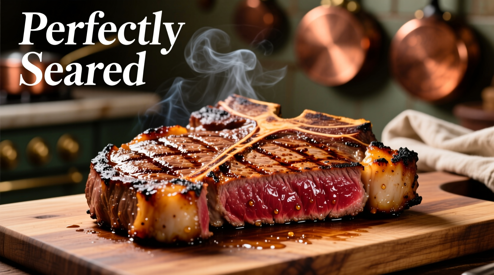 Perfectly seared T-bone steak with grill marks