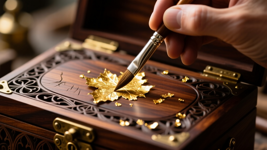Close-up of applying 23-karat gold leaf to a carved mahogany lid of a fantasy jewelry storage chest using a gilder's tip brush