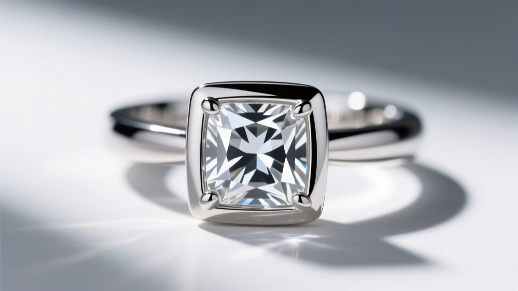 Close-up of a platinum bezel setting securing a square Asscher diamond, revealing the seamless metal rim and polished finish.