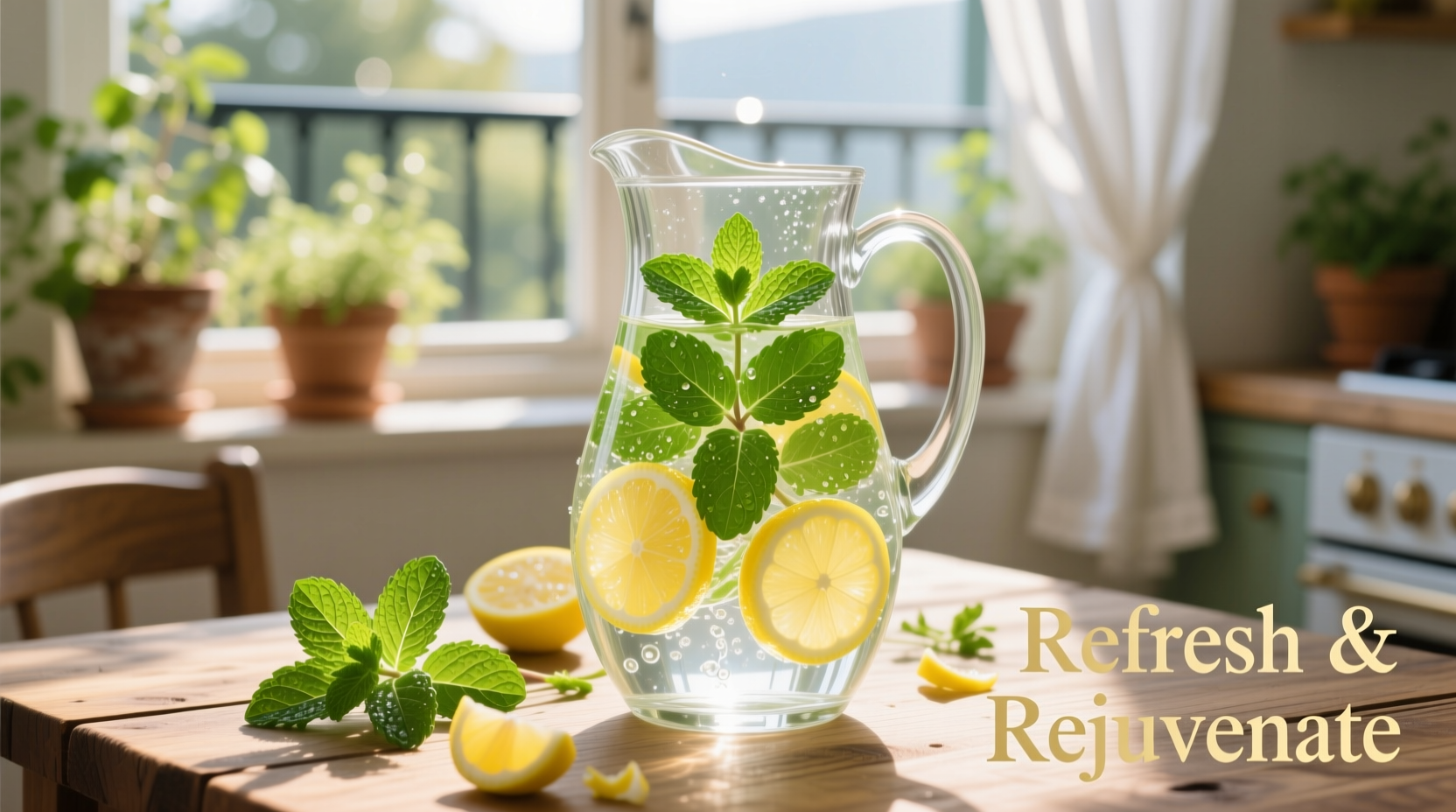 Fresh mint and lemon slices infusing in clear glass pitcher