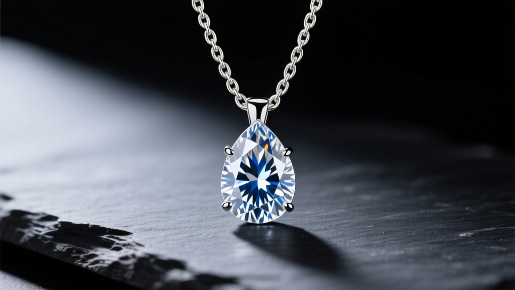 Macro shot of a 2ct pear-cut diamond pendant on a 14k white gold cable chain, resting on dark slate under soft studio lighting.