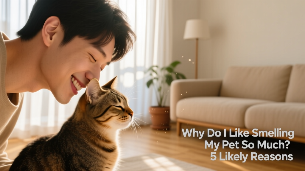 A person gently nuzzling their cat’s head while smiling, showing closeness and affection