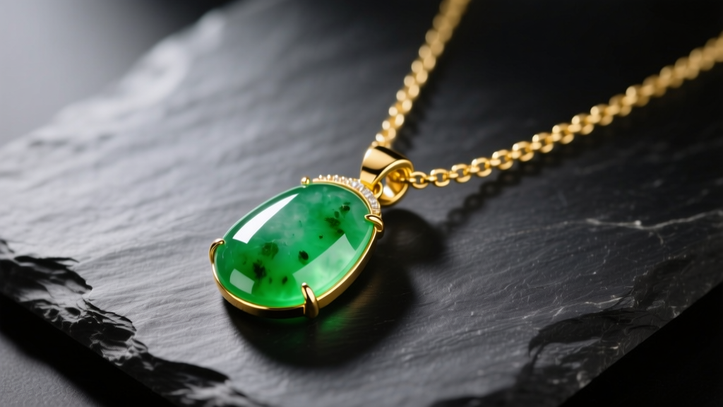 18k yellow gold necklace with translucent Type A imperial green jadeite pendant resting on dark slate under soft lighting