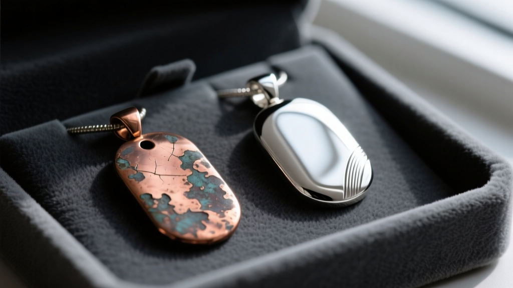 Tarnished copper-alloy silver pendant beside a bright Argentium silver pendant resting on a dark grey velvet jewelry display tray.
