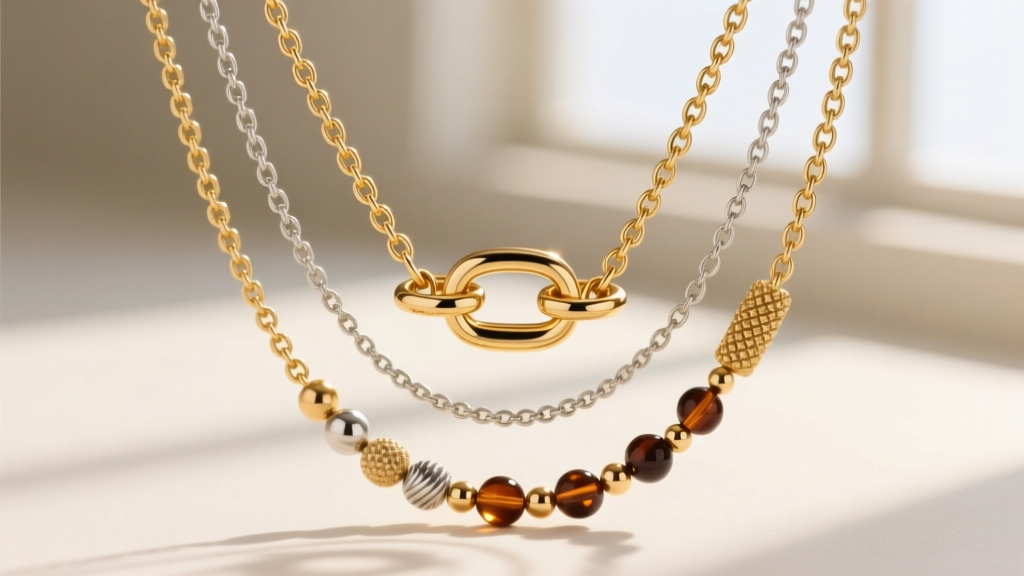 Macro shot of an 18-gauge gold-filled multi-strand spacer clasp securing three distinct necklace chains of varying lengths