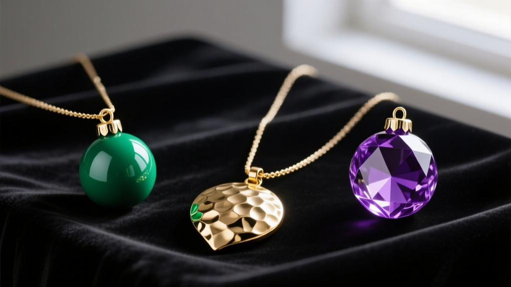 Flat lay of three bauble necklaces featuring emerald enamel, hammered gold, and faceted amethyst spheres on dark velvet.