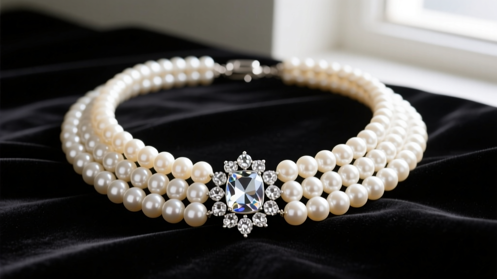 Close-up of a 1960s Kenneth Jay Lane multi-strand faux pearl necklace with a crystal-encrusted clasp resting on dark velvet.