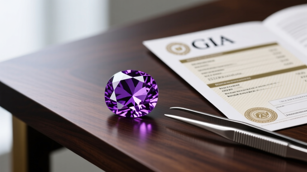 Macro shot of a vivid purple sapphire showing silk inclusions next to a GIA report and fine steel tweezers on a dark wooden desk