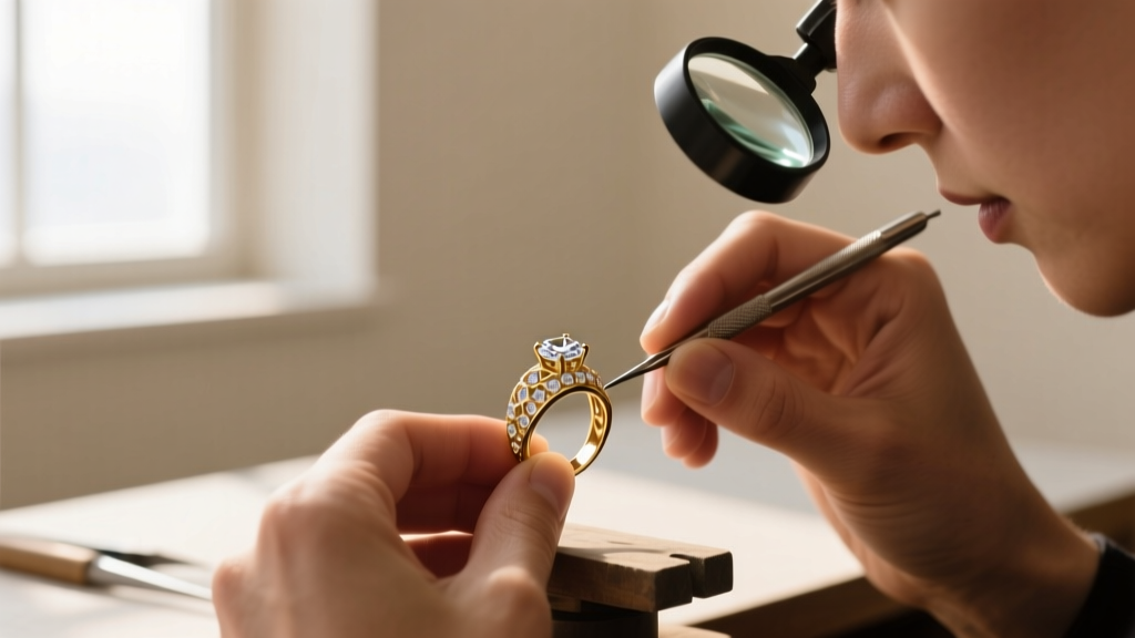 Jeweler's hands using a beading awl to tie a tight French knot with dark brown silk thread between two large chocolate pearls.