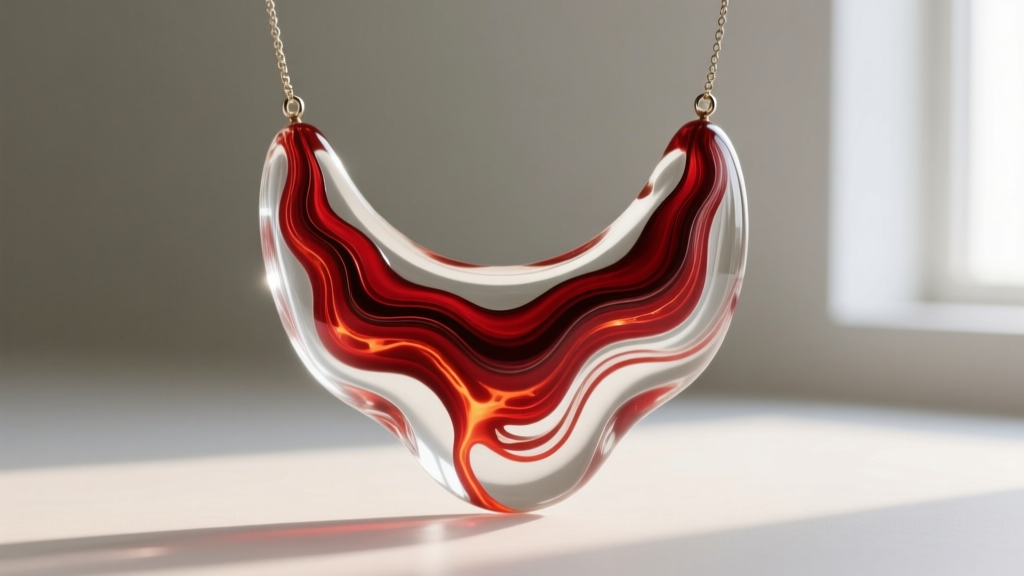 Sommerso Murano glass pendant necklace displaying thick layers of submerged red and clear glass, lit by soft natural window light.