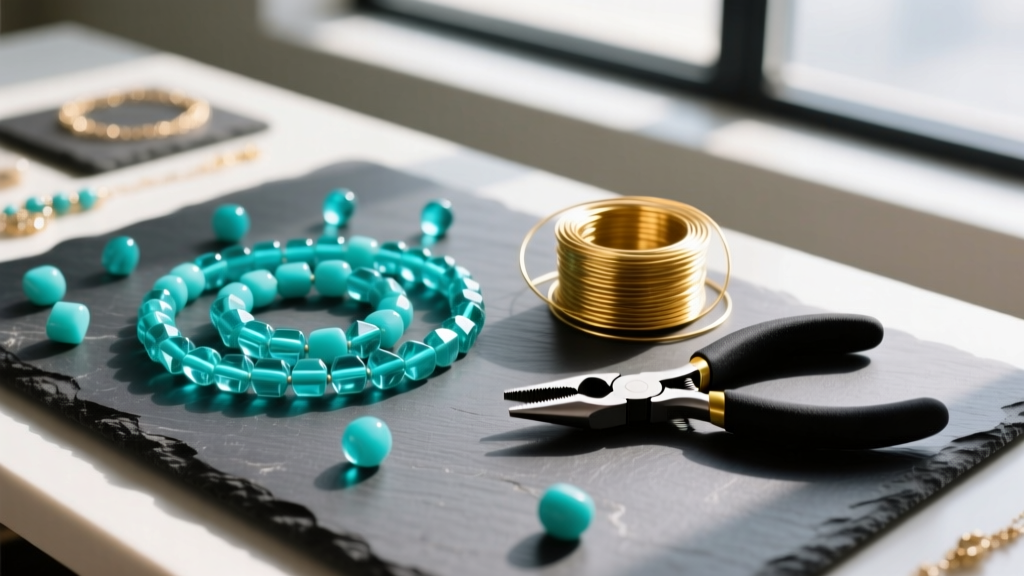 Overhead flat-lay of a jewelry workspace with turquoise beads, 20-gauge gold-filled wire, and nylon jaw pliers on dark slate