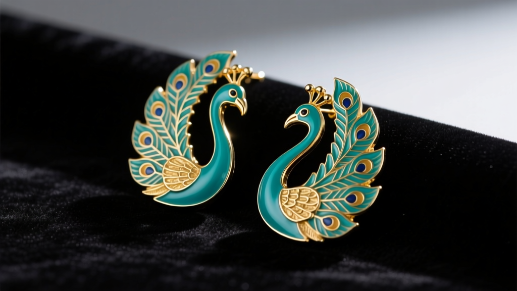 Teal and gold enamel peacock earrings feather design resting on dark velvet under bright, focused studio lighting.