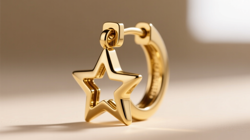 Close-up photo showing the hinge mechanism of an 18-gauge gold star huggie earring against a soft beige backdrop.