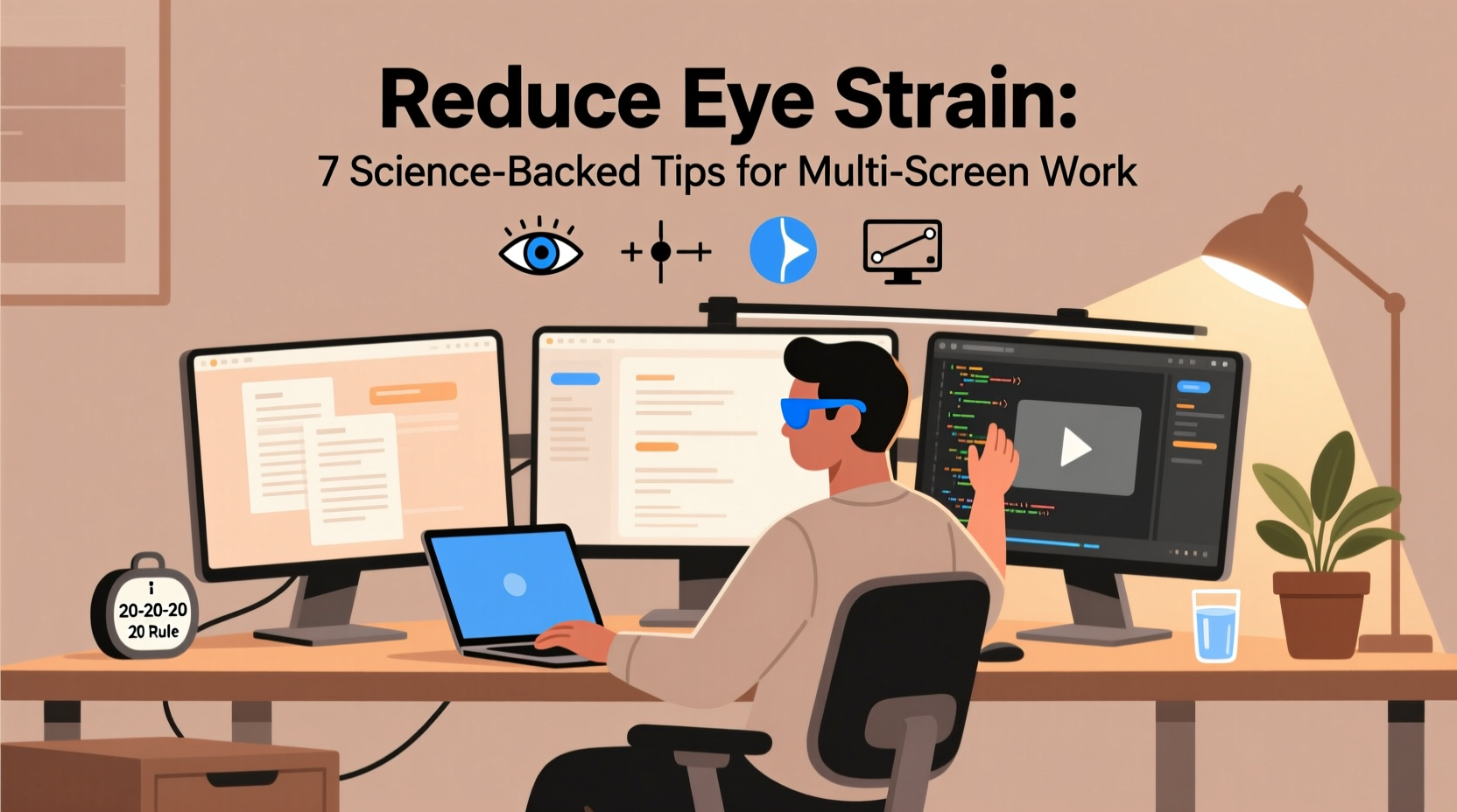 how to reduce eye strain while working long hours on multiple screens