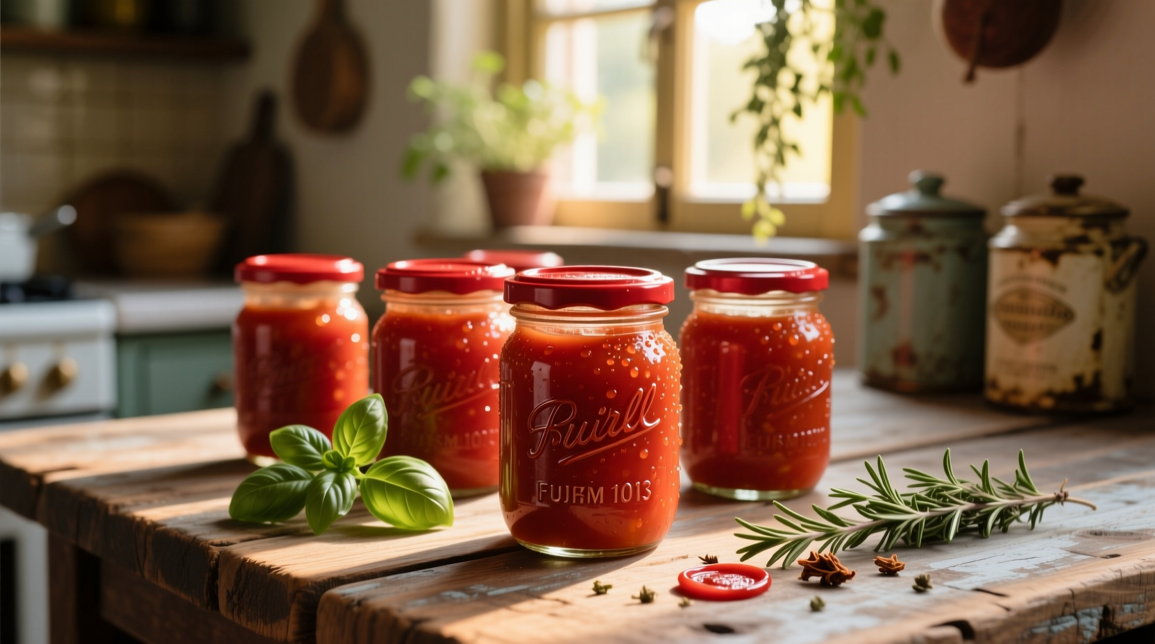 Fresh tomato sauce in mason jars on wooden table