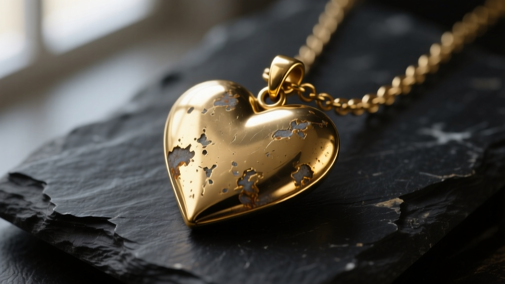 Macro shot of a tarnished gold plated heart necklace on dark slate, showing visible wear and fading on the pendant edges and chain