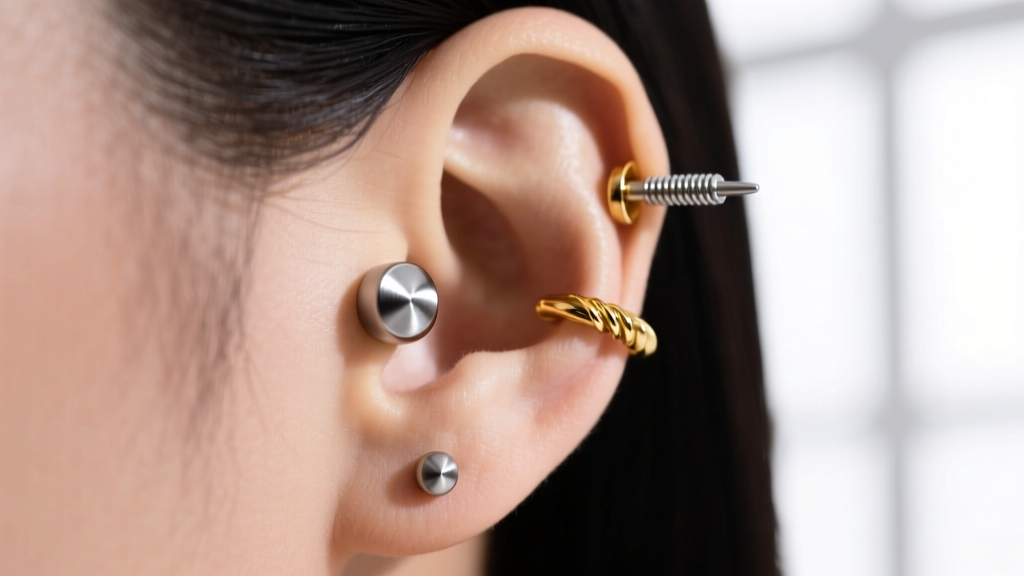 Studio portrait of a curated ear stack featuring a threaded flat-back titanium labret and a delicate 18k gold helix screw earring