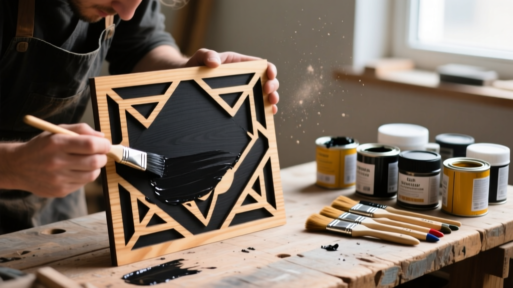 Crafter applying matte black chalk paint to a laser-cut pine sign, with paint cans and brushes arranged on a rustic wooden workbench.