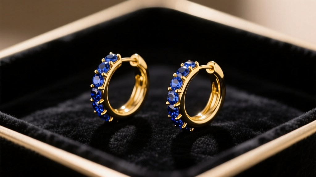 18k yellow gold medium hoop earrings with prong-set sapphire beads on a dark velvet jewelry tray in soft, warm lighting.