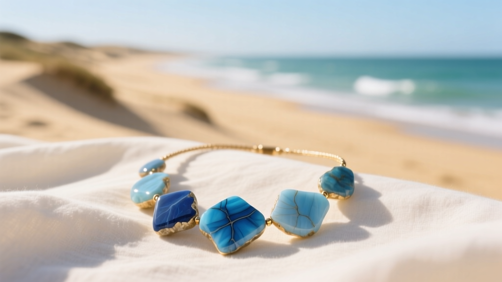Editorial shot of a raw blue larimar dr beach gem necklace resting on sunlit linen fabric with a blurred coastal dune background.