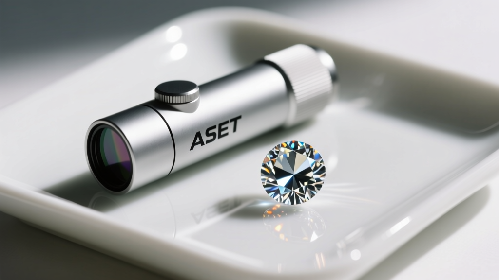Top-down view of an ASET scope next to a loose sparkling moissanite stone on a white ceramic tray under bright, neutral daylight.