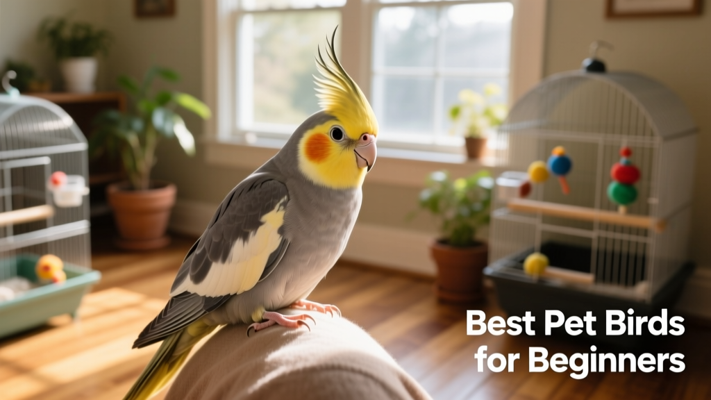 A gentle cockatiel perched calmly on a shoulder, crest slightly raised