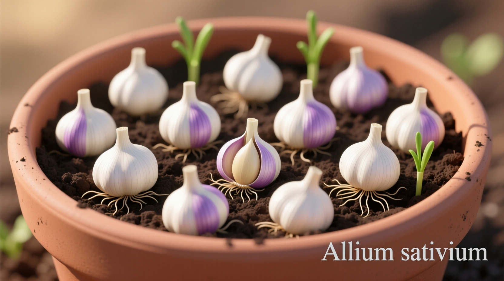 Garlic cloves planted in container with proper spacing