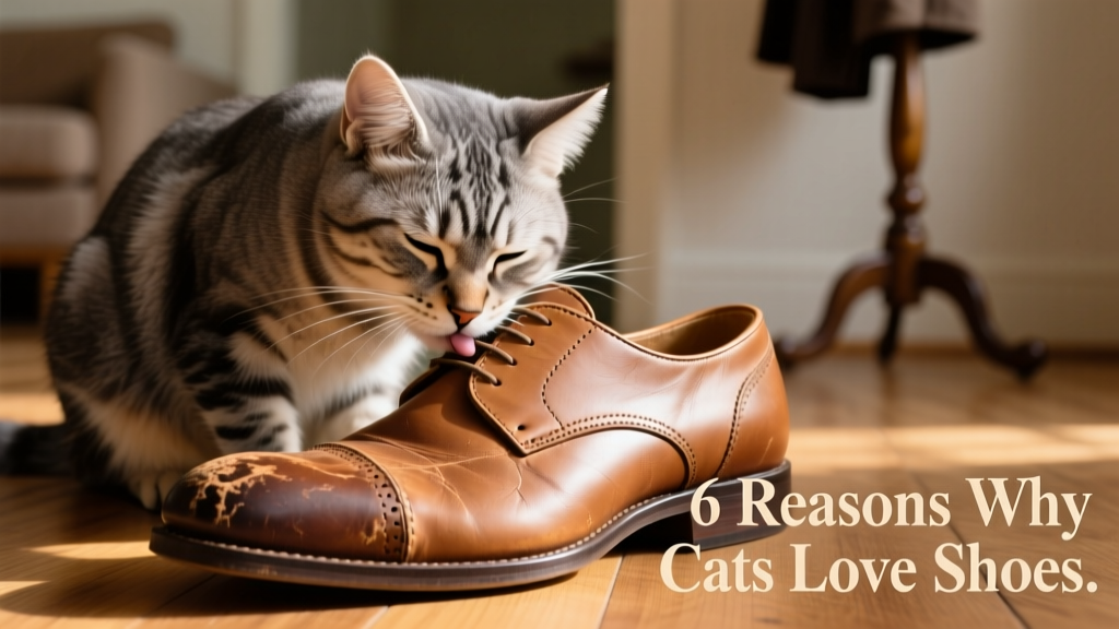 Close-up of a cat gently rubbing its cheek against a leather shoe, showing scent-marking behavior