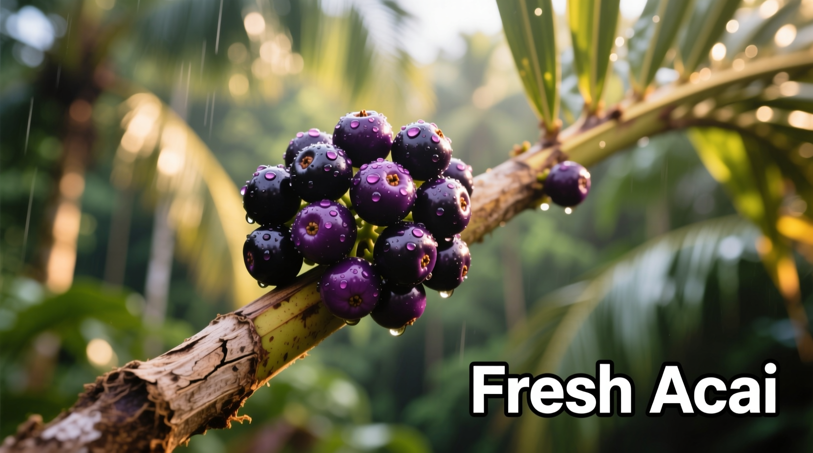 Fresh acai berries on palm branch