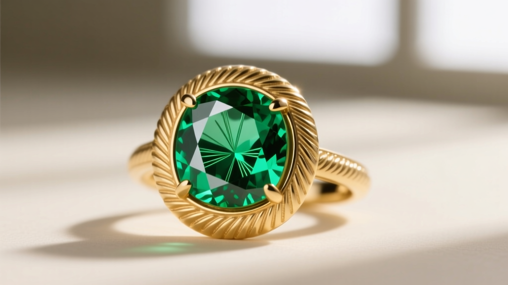 Macro photo of a vivid green Tsavorite garnet set in a textured 22k gold halo pendant, revealing fine internal needle inclusions