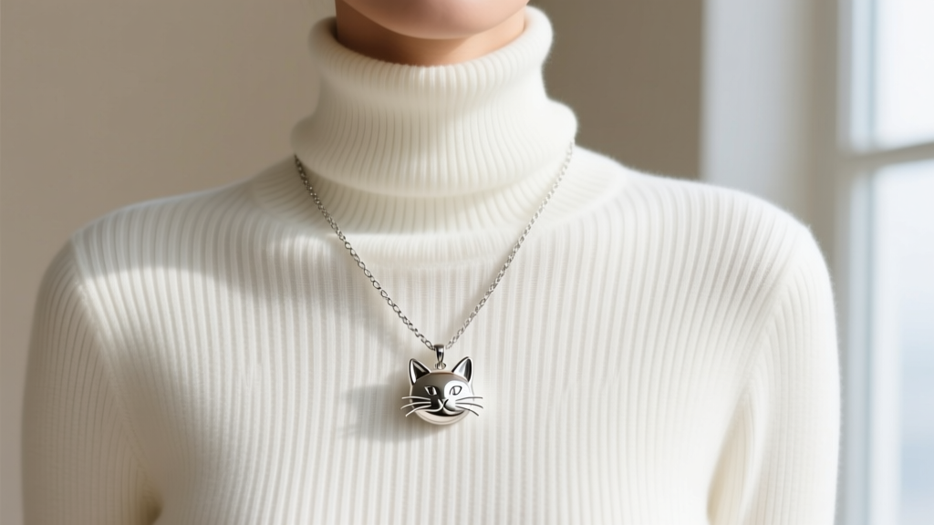 Fashion shot of a cat necklace collar layered over a white ribbed turtleneck, paired with a delicate silver chain necklace
