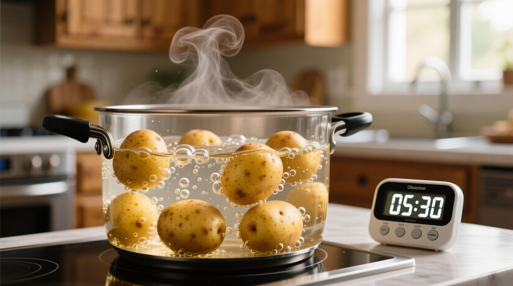 Potato pieces in boiling water with timer