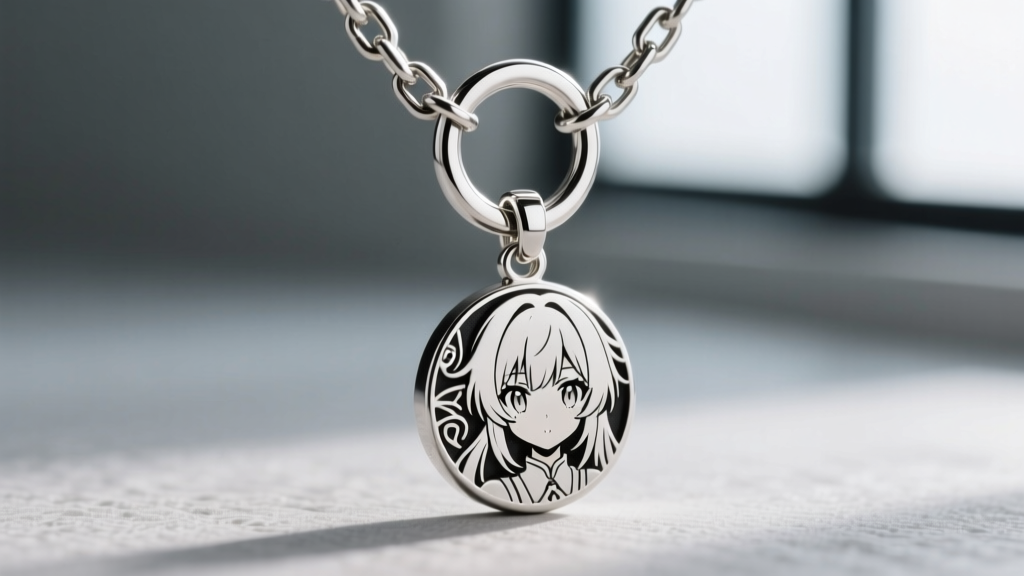 Macro shot of a 1.5mm stainless steel curb chain attached to a sterling silver anime key pendant via a sturdy 5mm jump ring.