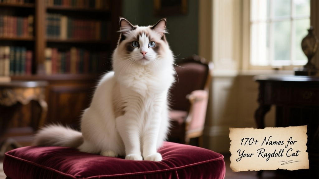 A dignified male Ragdoll sitting upright on a velvet cushion, gazing calmly at the camera