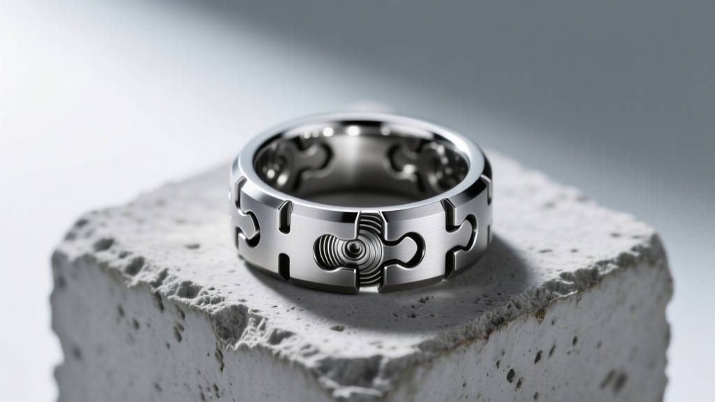 CNC milled Grade 5 titanium puzzle ring with hidden internal threading, resting on a concrete block with soft directional lighting