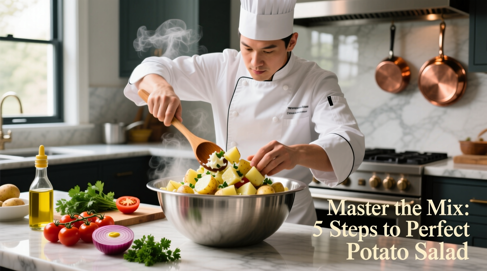 Chef demonstrating proper potato salad preparation technique