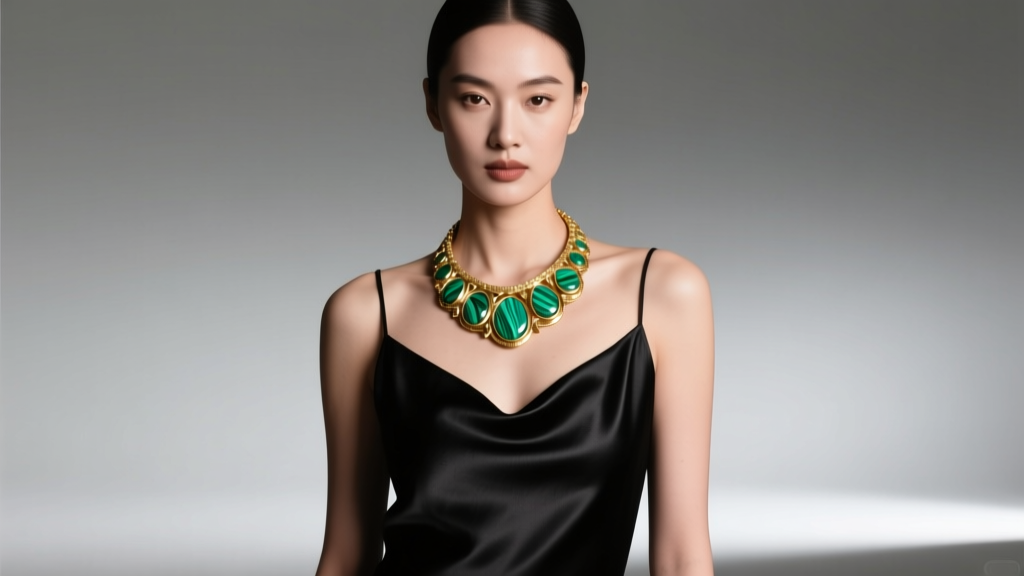 Elegant woman wearing a chunky 18k gold bib necklace with malachite inlays over a sleek black silk slip dress, studio lighting